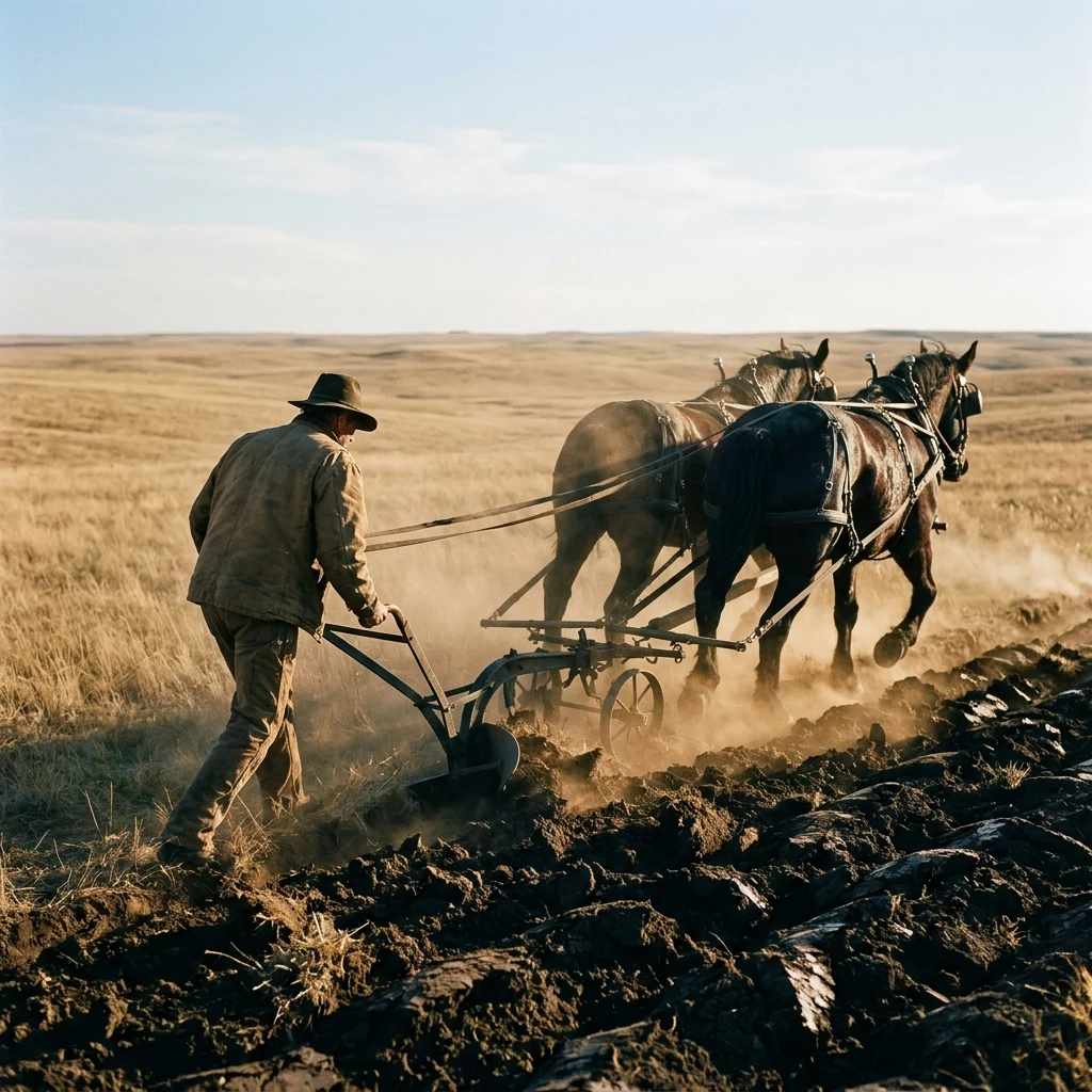 Farmer plowing a field at sunset