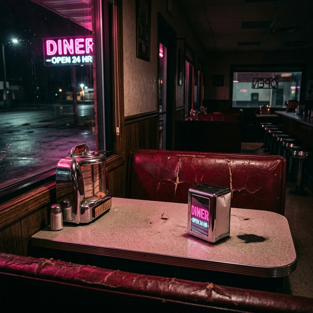 A retro diner booth at 2 a.m. with a mini countertop jukebox