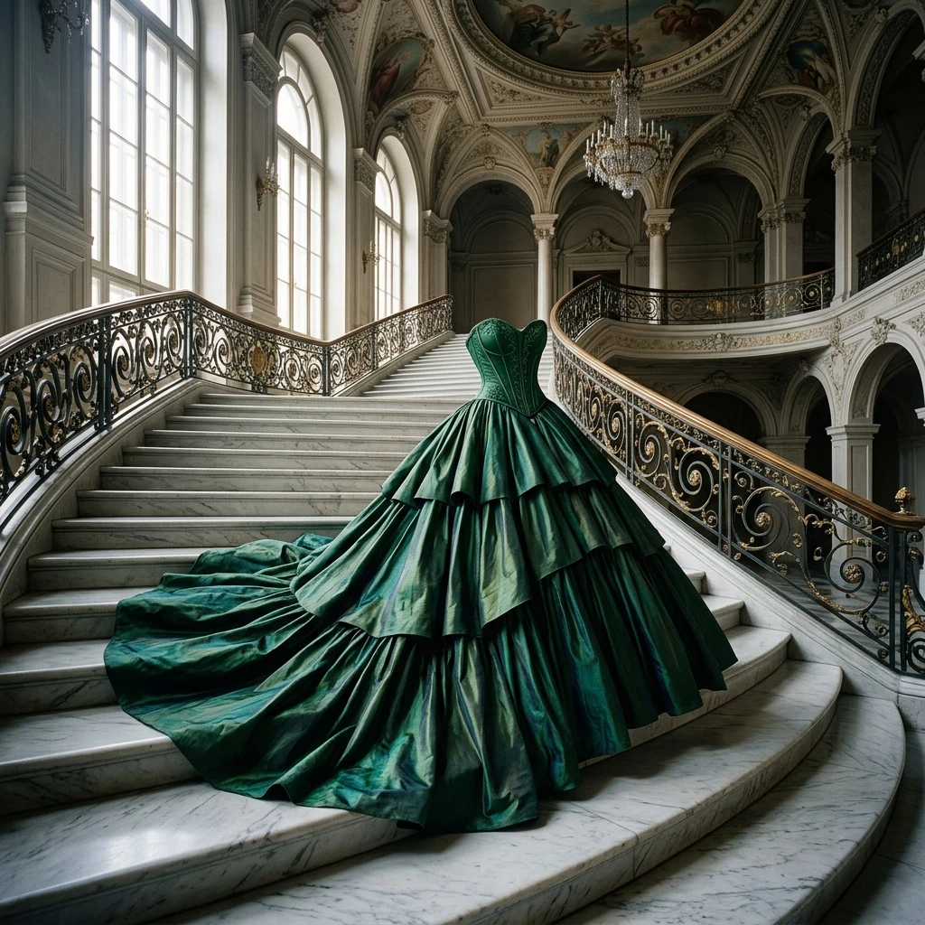 A dramatic silk taffeta ballgown with a voluminous tiered skirt and fitted boned bodice