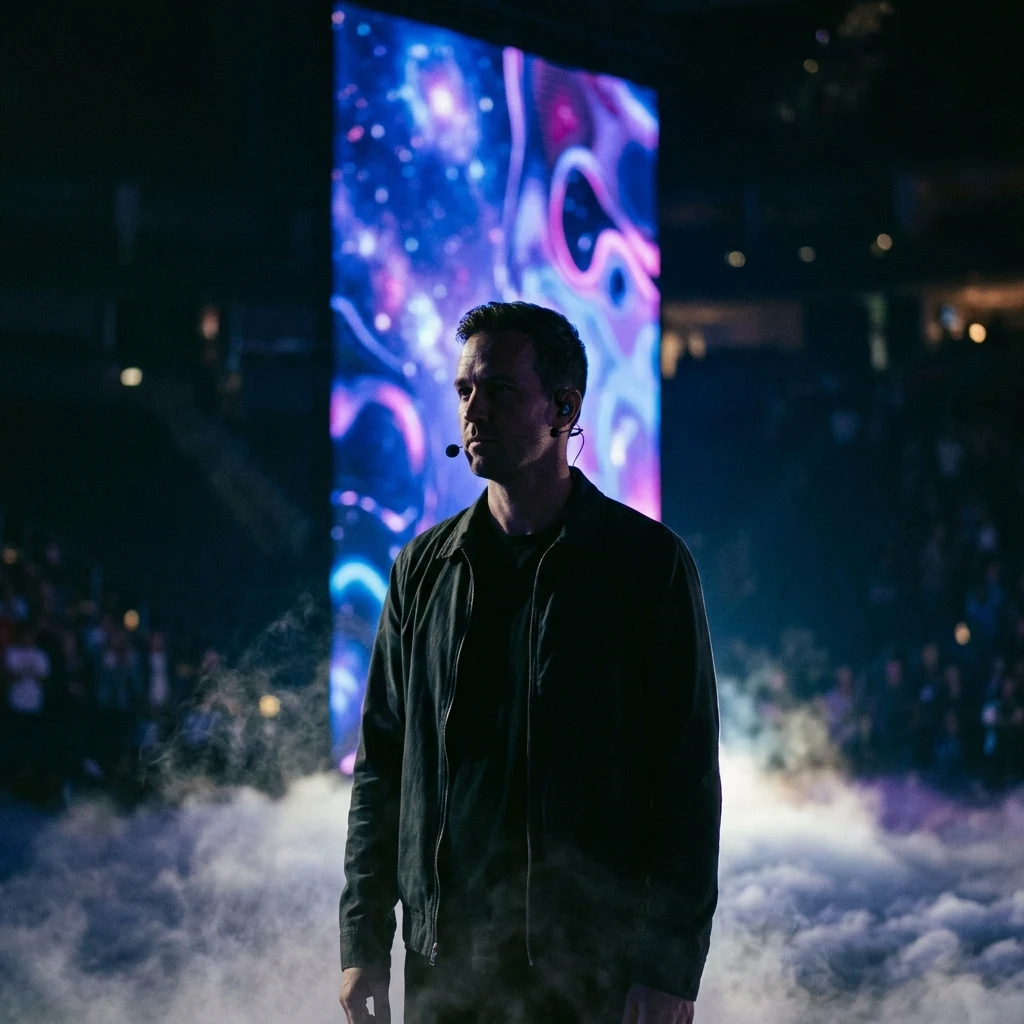Performer on stage with glowing blue lights