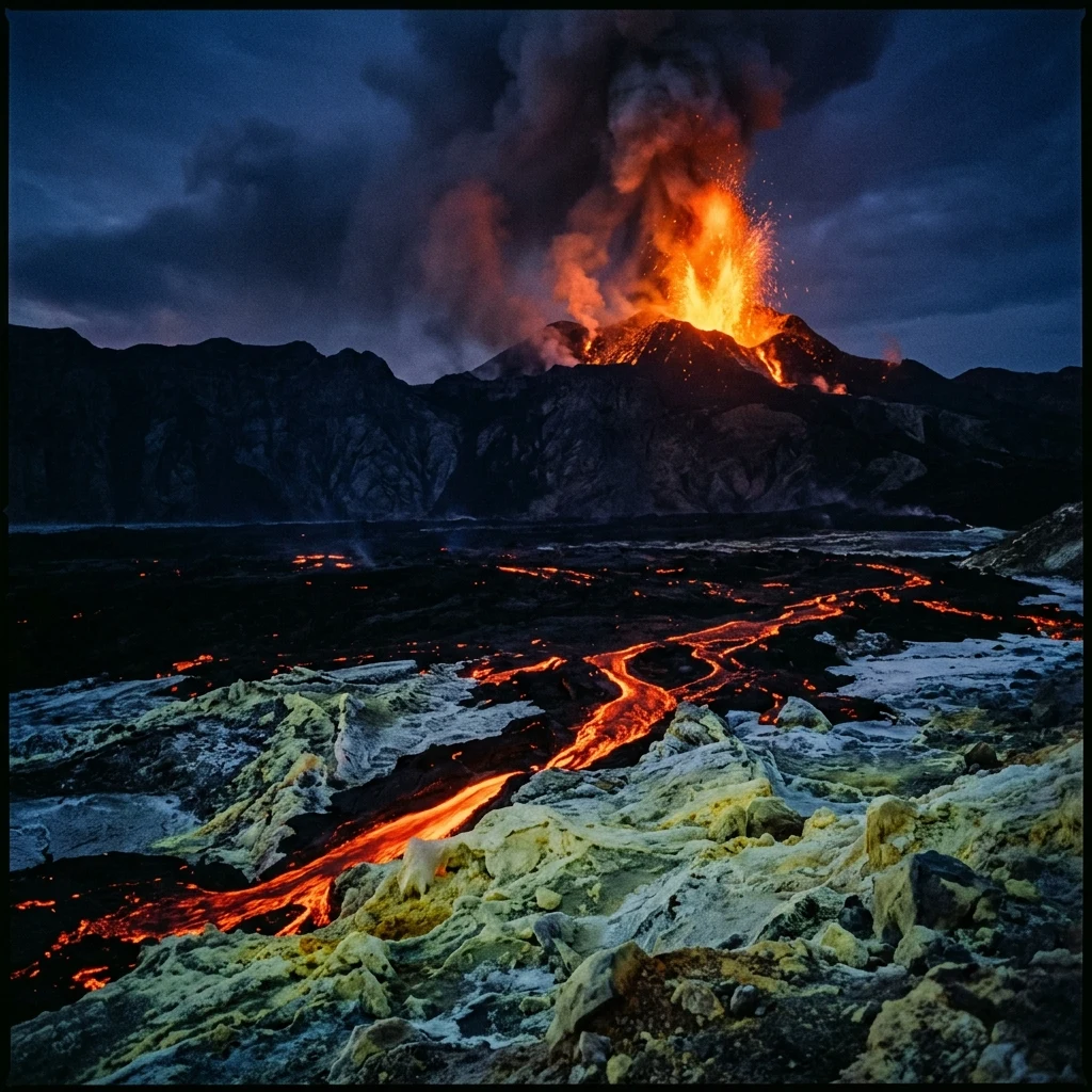 Volcanic eruption under a dark twilight sky