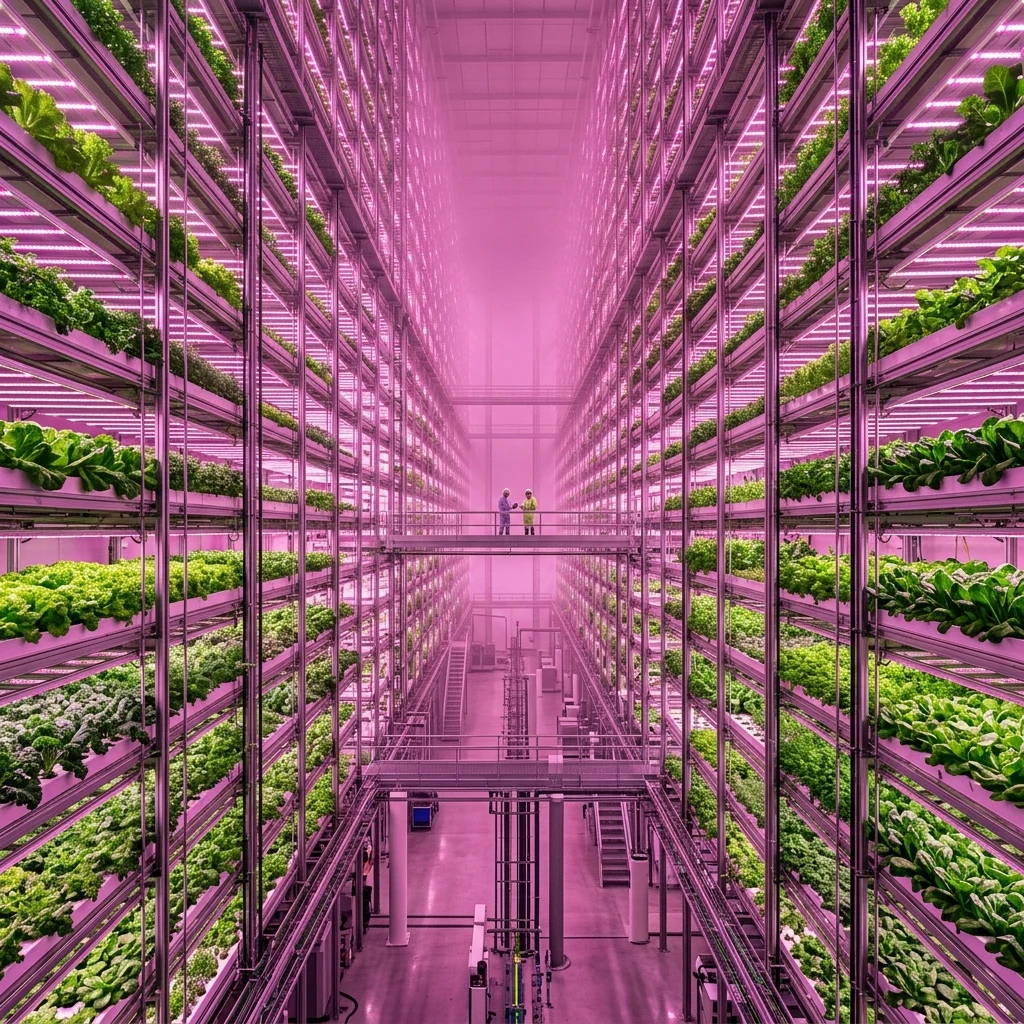 A vertical farm interior under magenta grow lights