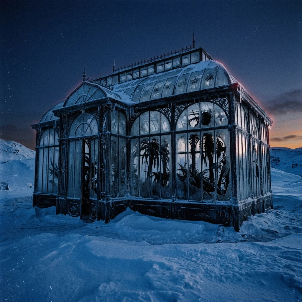 An overgrown glass conservatory encased in thick frost and snow