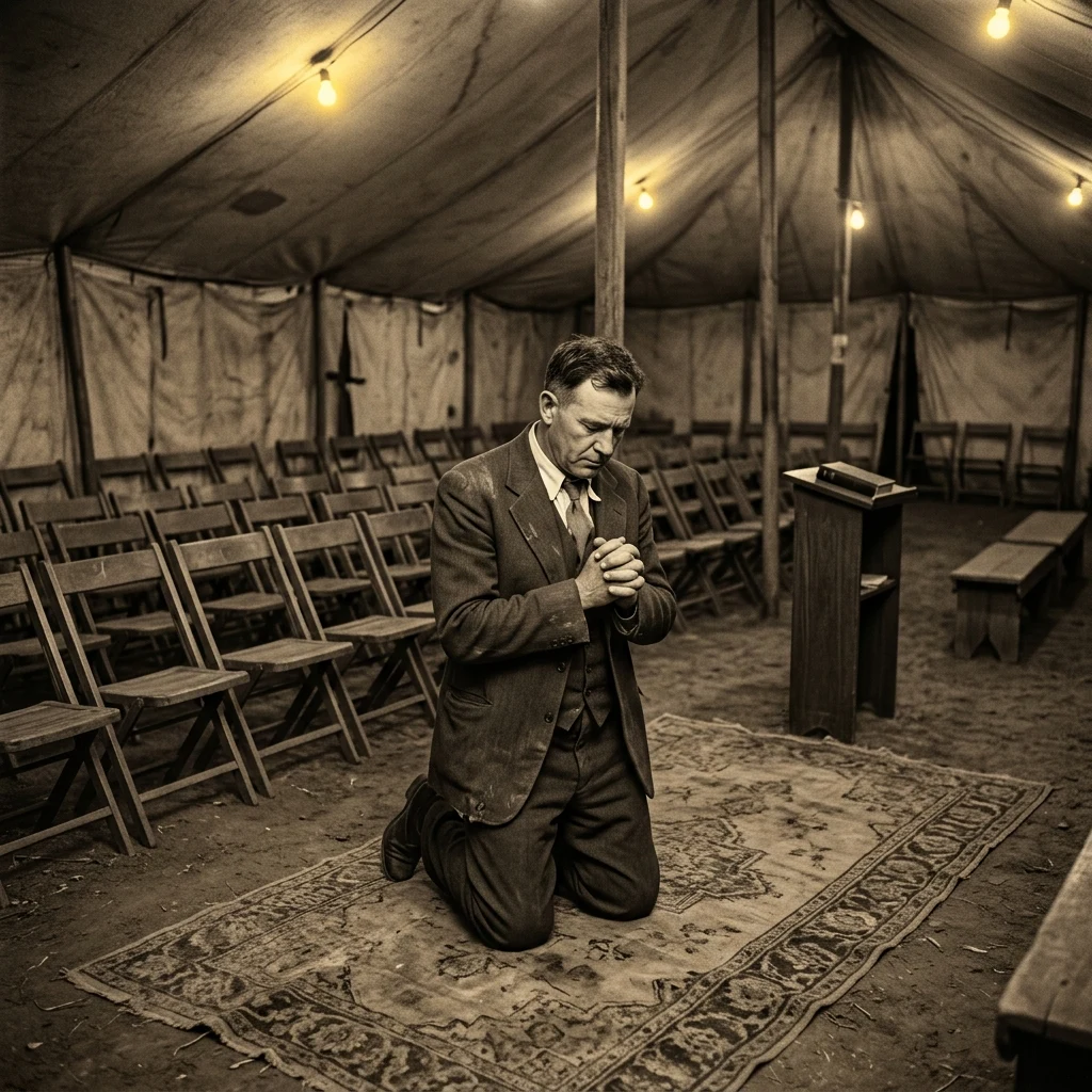 A 1940s tent-evangelist kneeling in prayer on a canvas altar runner before the evening…