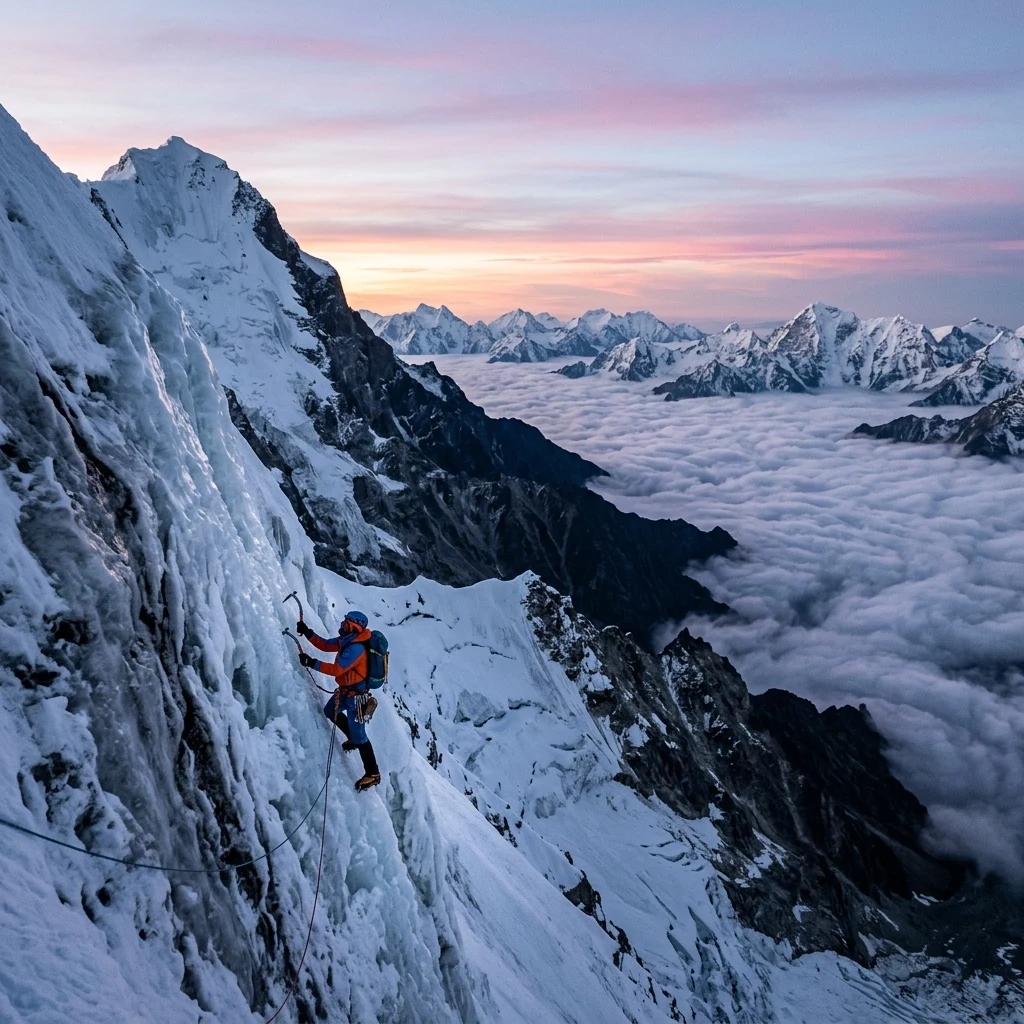 A lone climber ascending the icy headwall of Mount Hood in the Cascades at dawn