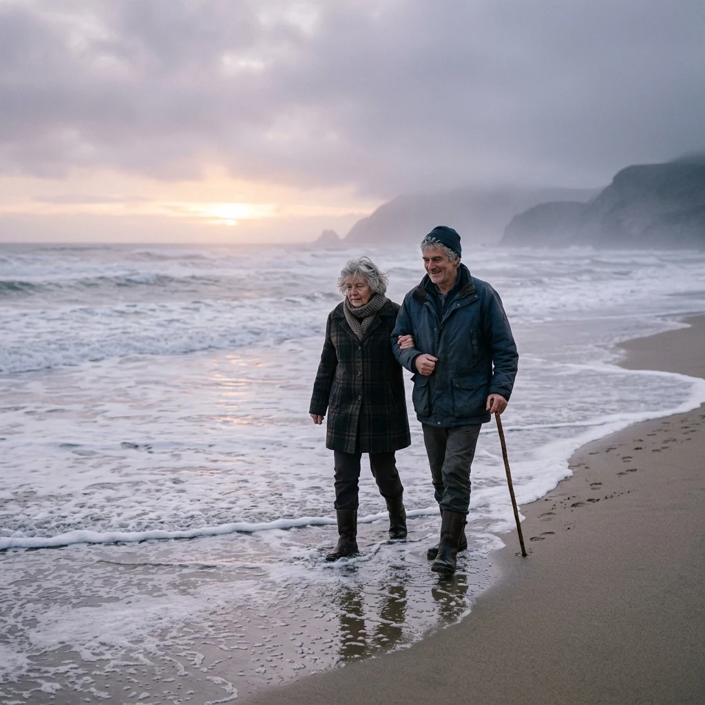 An elderly woman and her younger brother walking arm-in-arm along a misty beach at sunrise