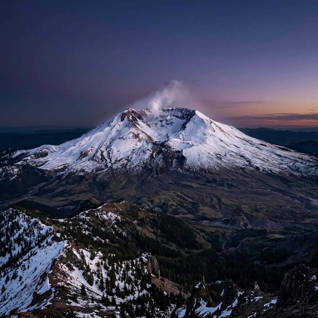 Mount St. Helens standing stark against a twilight sky