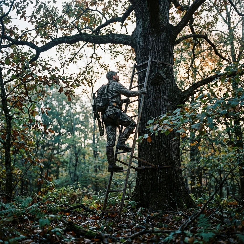 A hunter climbing into a treestand at first light in an oak wood