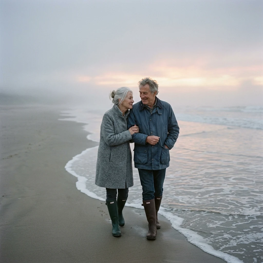 An elderly woman and her younger brother walking arm-in-arm along a misty beach at sunrise