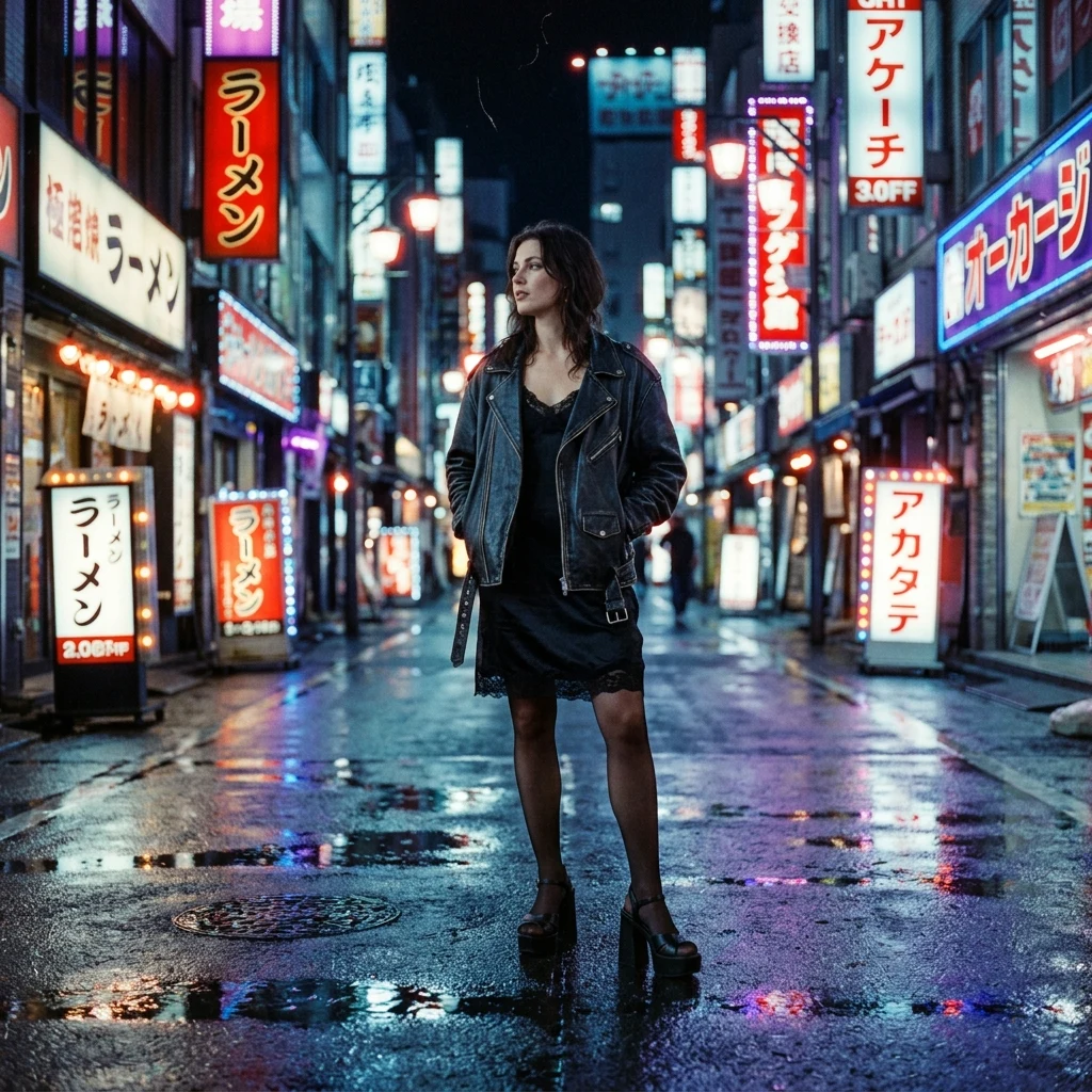 A woman in a slip dress under a leather moto jacket with platform sandals on a neon-lit…