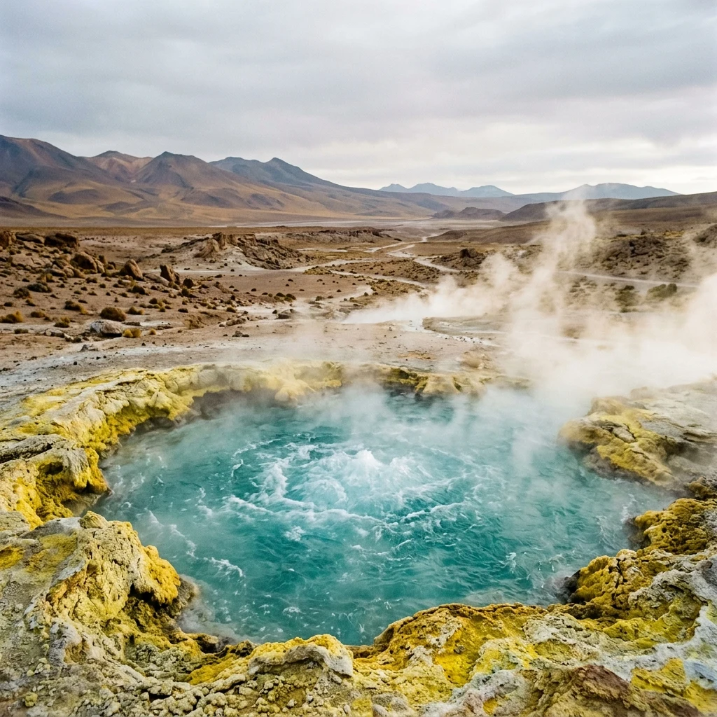 A geothermal hot spring steaming in a high-altitude desert plateau
