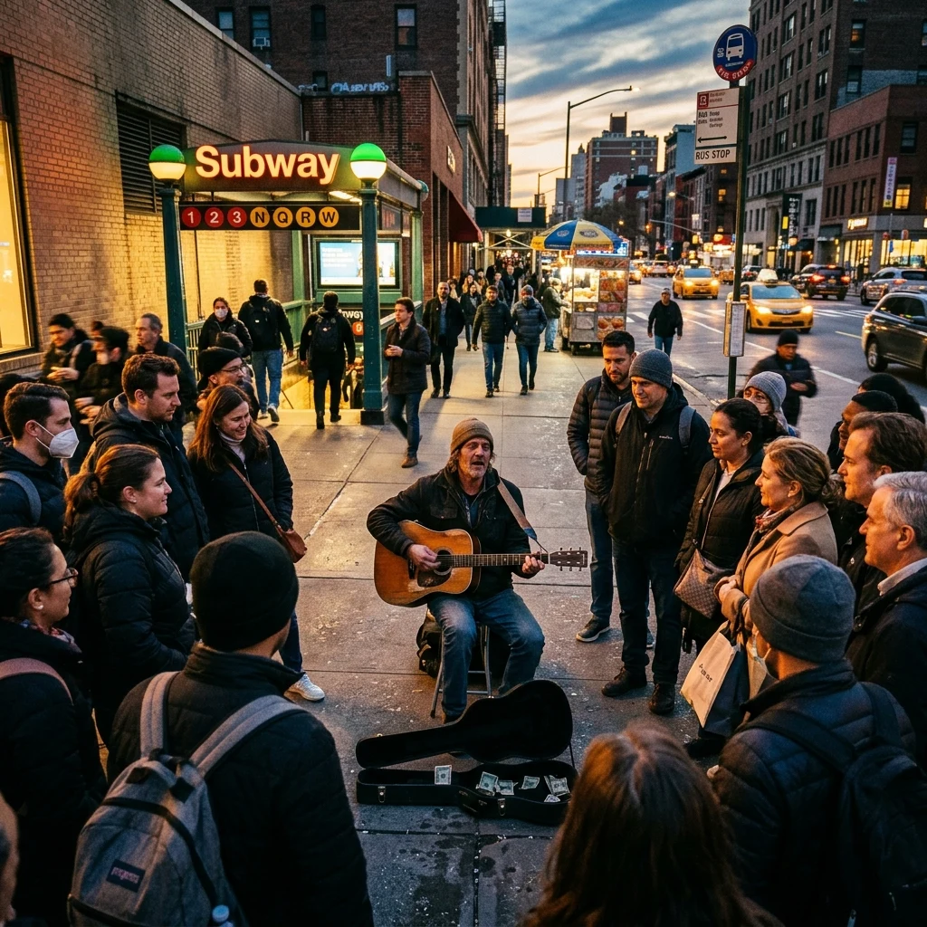 A street musician with a crowd thickening around him at a subway entrance