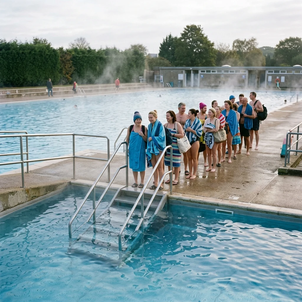 Morning swimmers at an outdoor pool