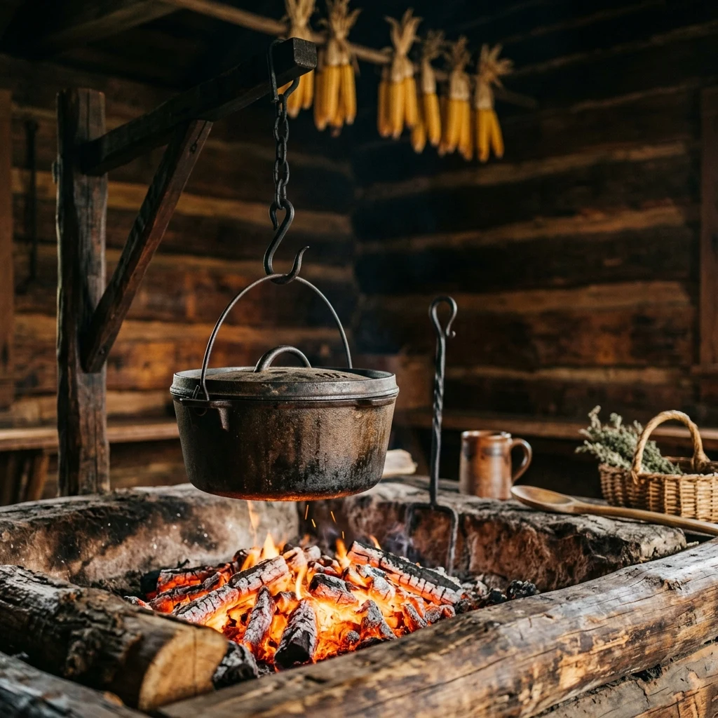 A pioneer hearth inside a log cabin