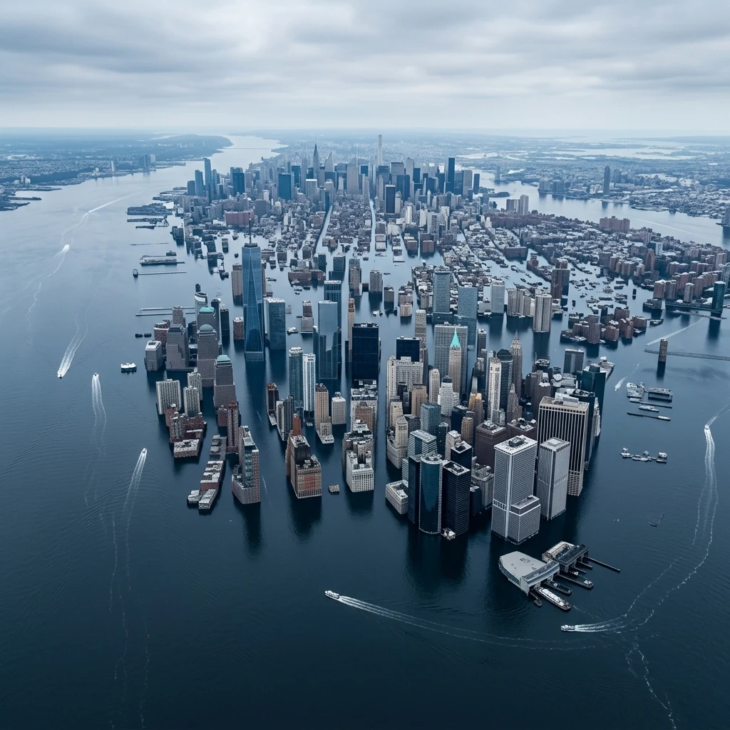 A drone photograph of a flooded coastal city at slack tide