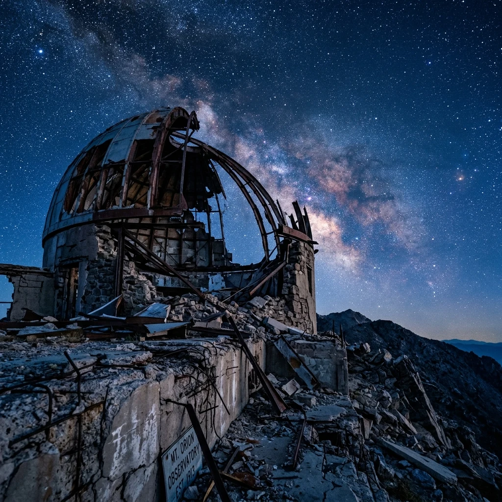 A long-exposure 4x5 large-format photograph of a derelict mountaintop observatory at blue…