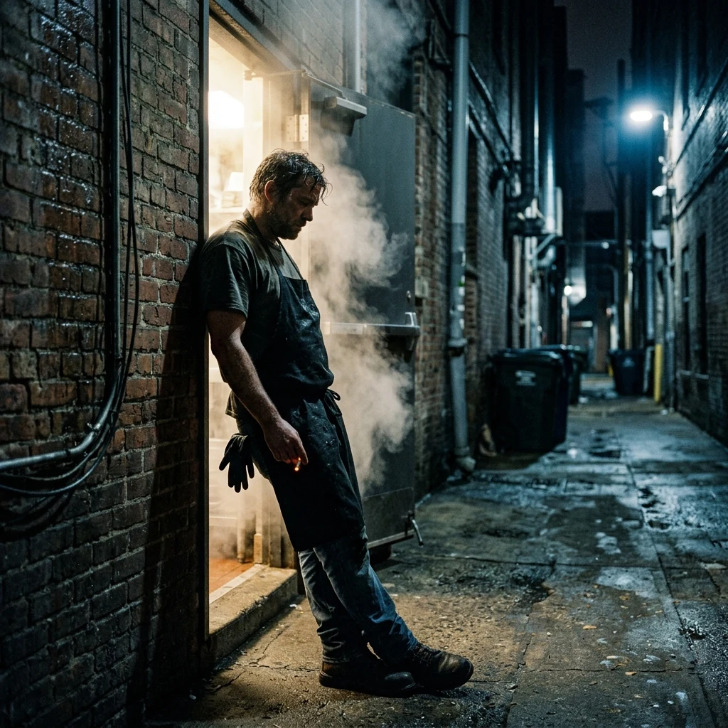 Worker taking a break in a city alley