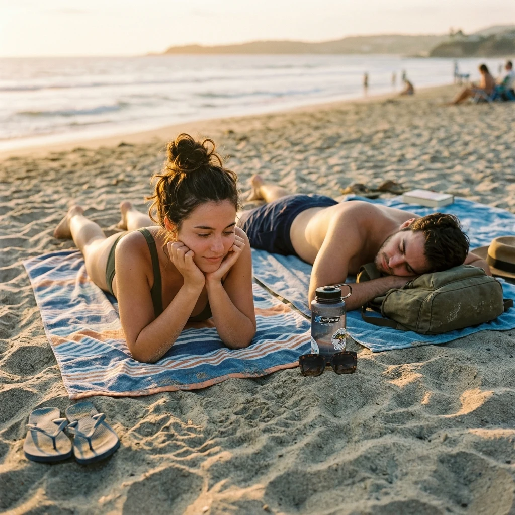 Sunbathing: A 19-year-old woman lying face-down on a striped cotton beach towel on a…