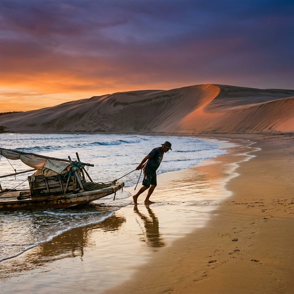 A lone fisherman pulling a wooden jangada boat onto the golden sands of Jericoacoara at…