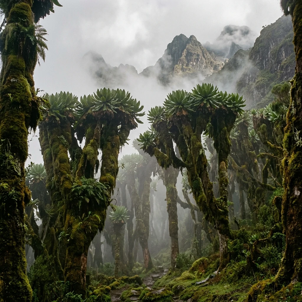 A dense, moss-draped cloud forest on the upper slopes of the Rwenzori 'Mountains of the…