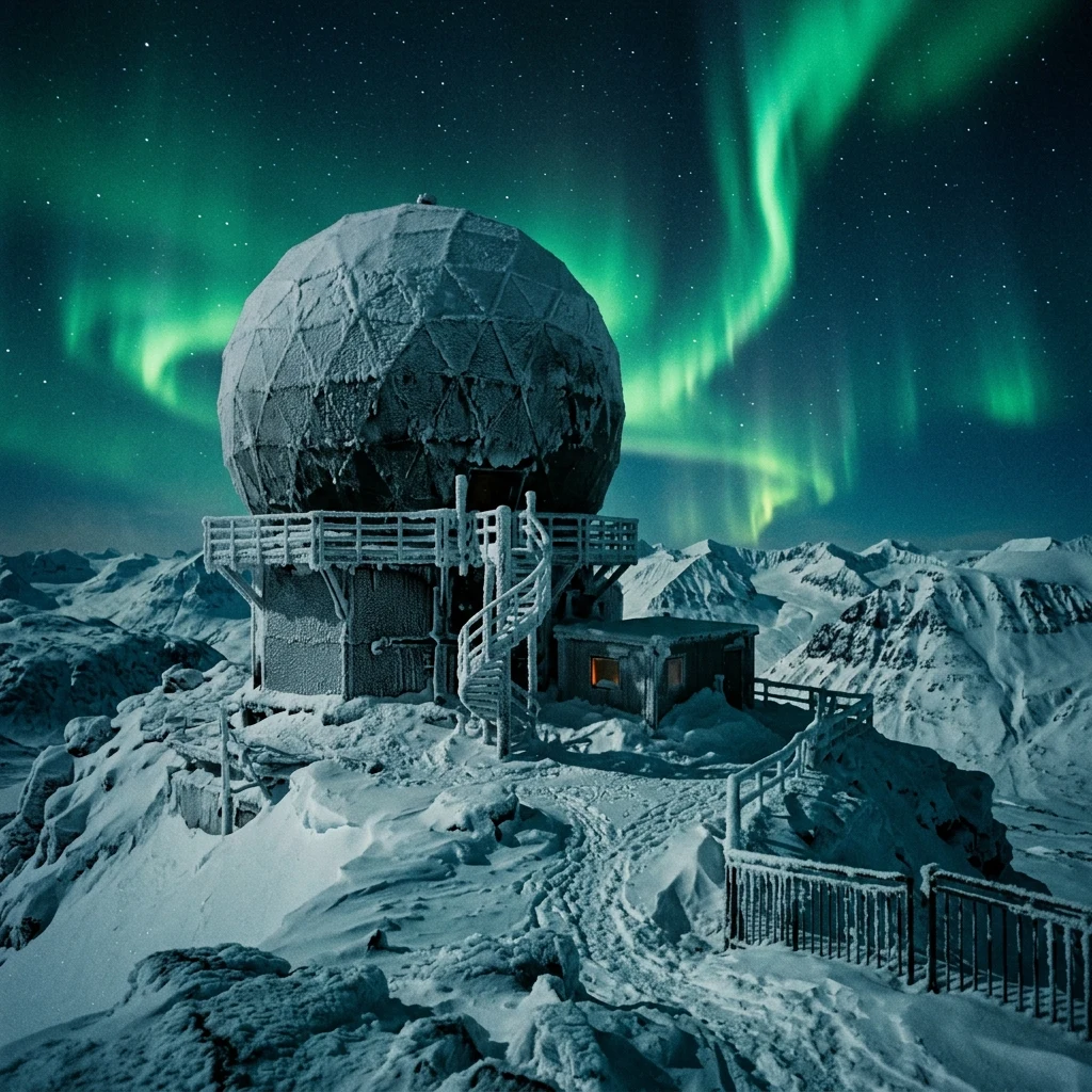 Icy radar dome under the northern lights