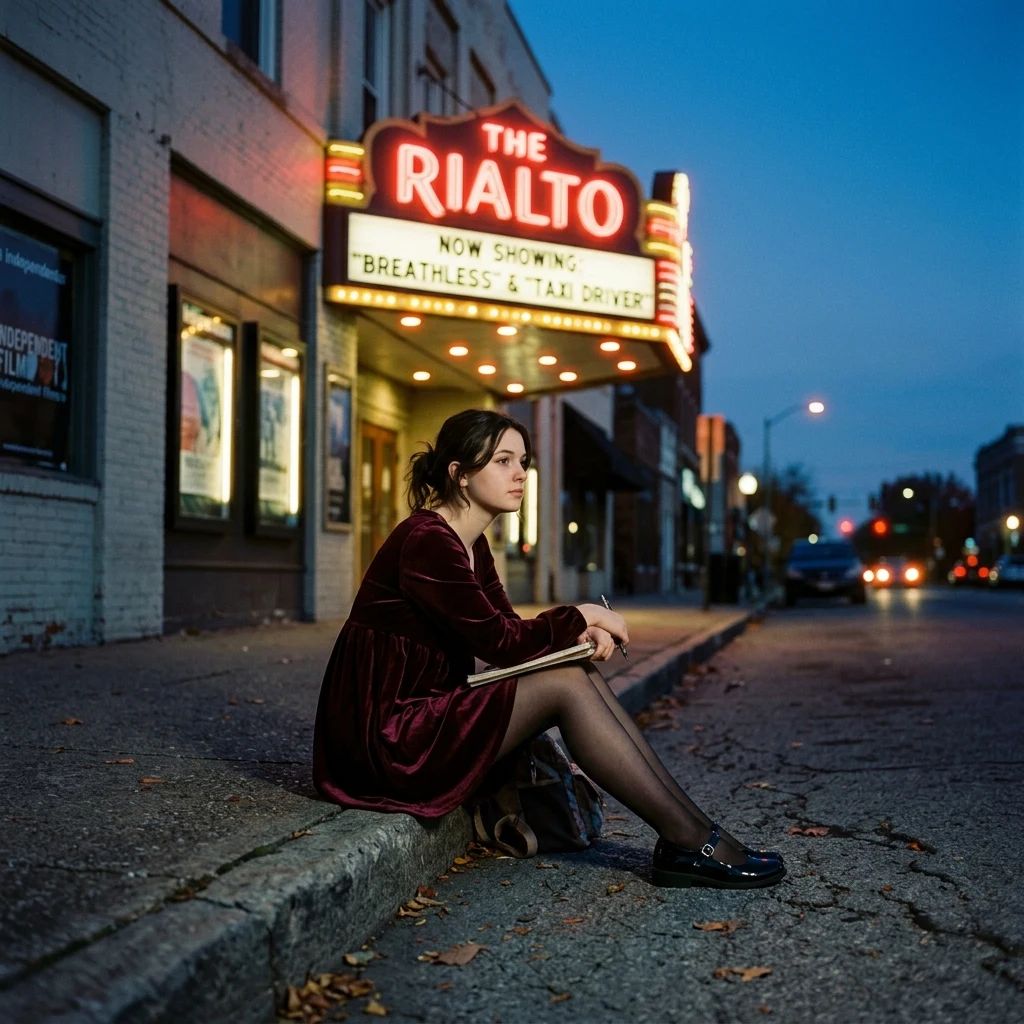 Contemplative evening outside a vintage cinema