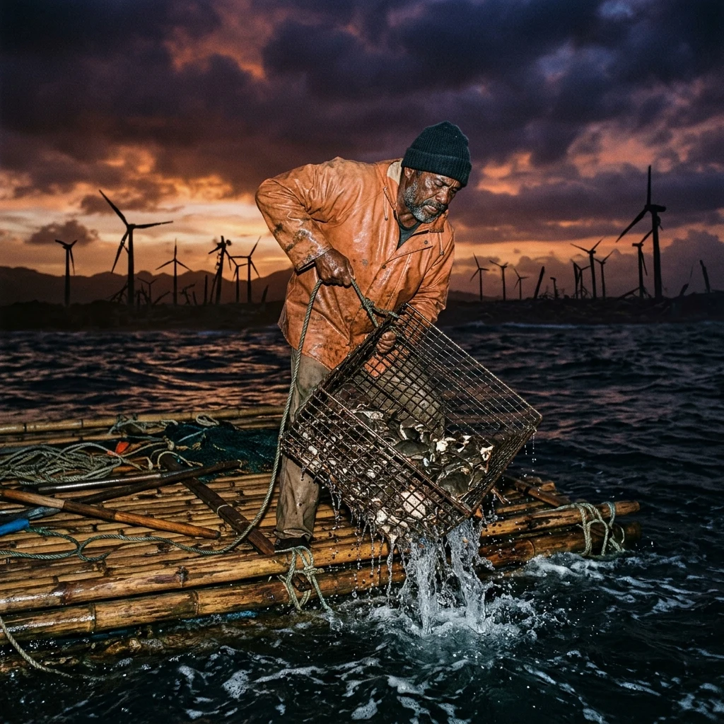 A waterborne scavenger pulling a heavy wire trap filled with sea crabs onto a bamboo raft