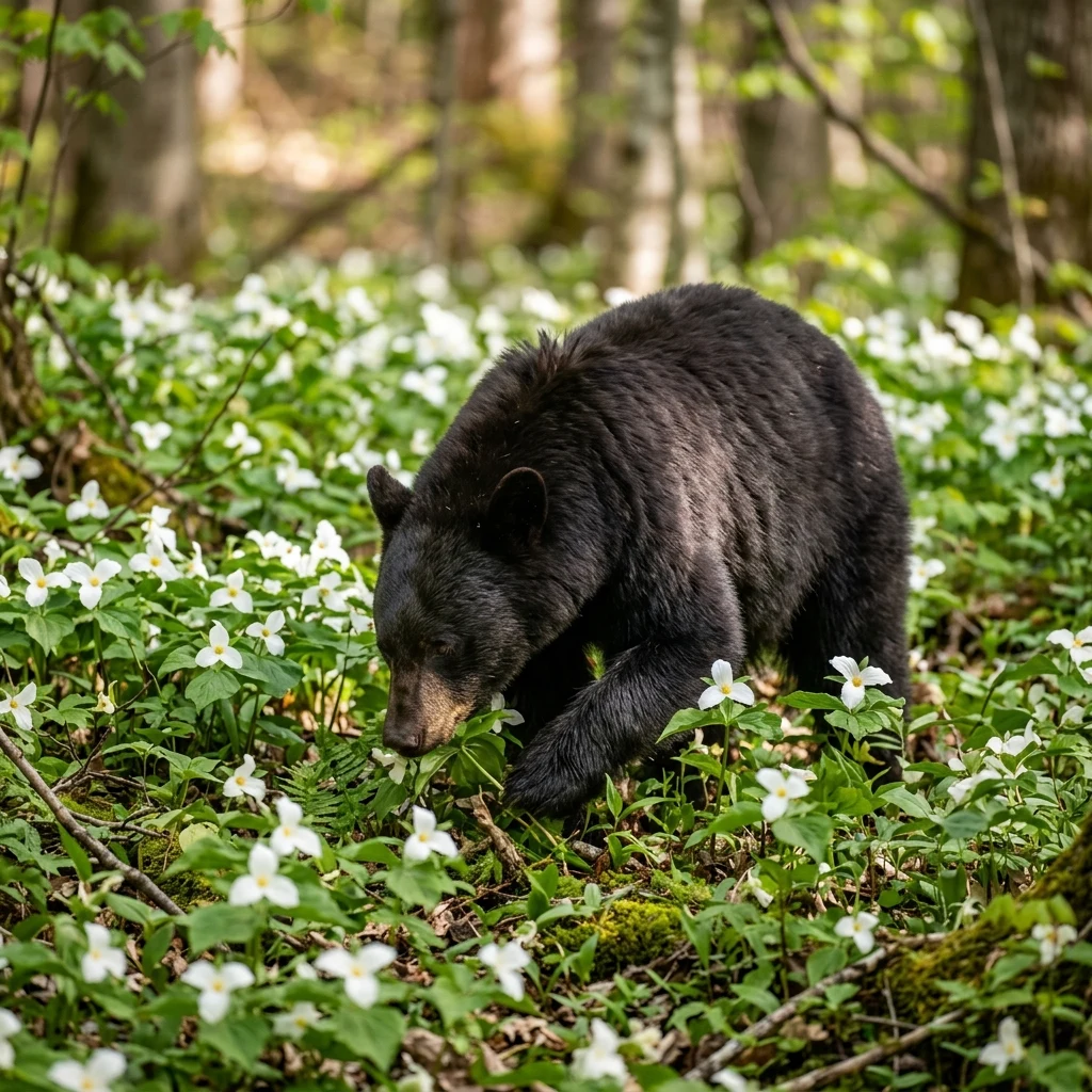 A black bear foraging among wild spring trilliums in a sun-dappled hardwood forest in the…