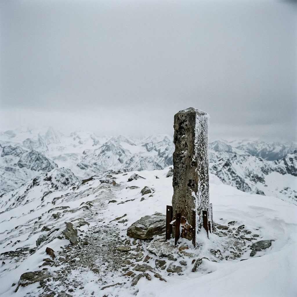 An old high-altitude stone border post on an alpine ridge