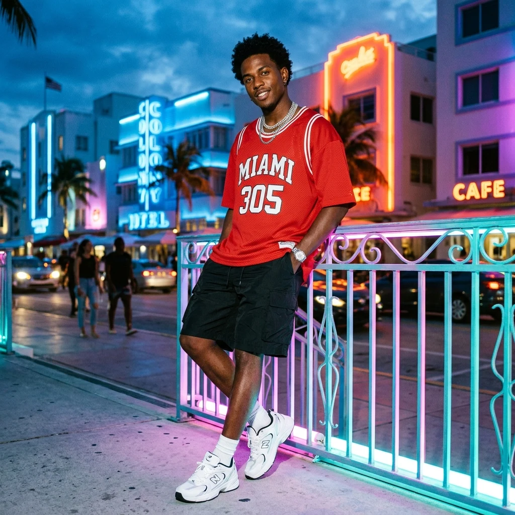 Streetwear look at a neon city waterfront