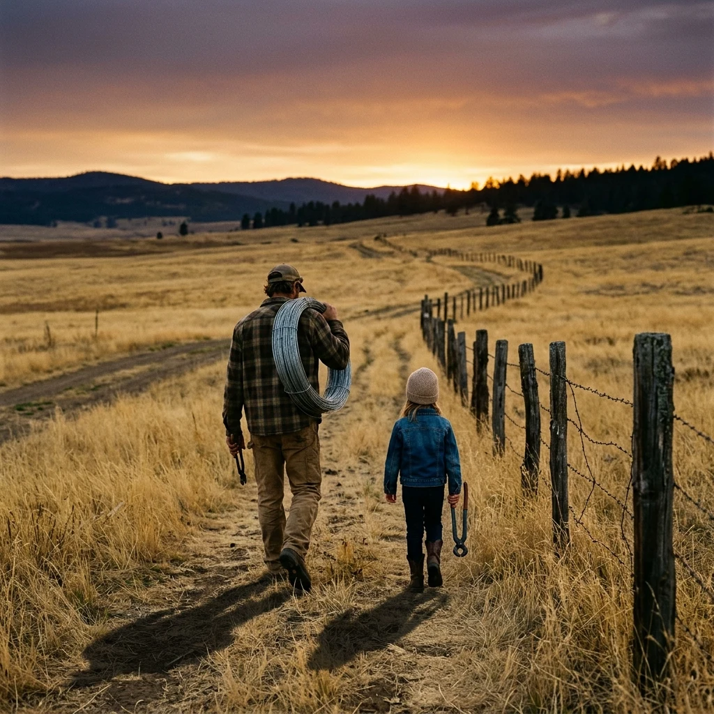 A father and daughter walking a fence line at last light with wire and pliers