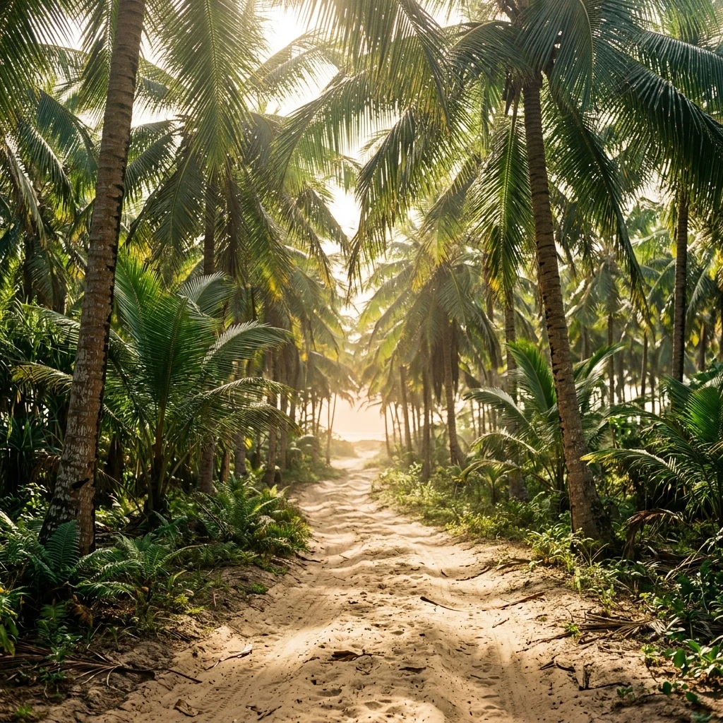 Sunlit path through a palm grove