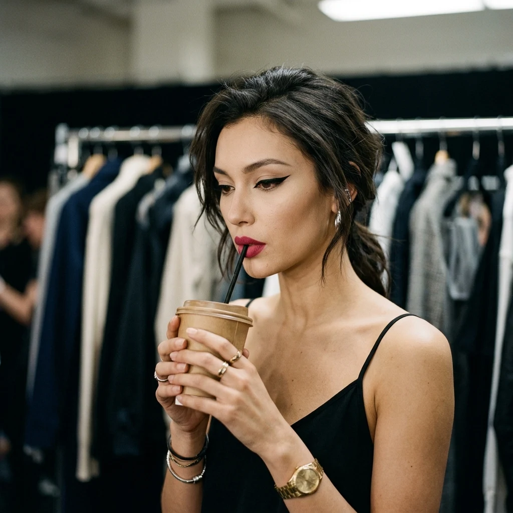 A candid backstage portrait of a model in dramatic winged eyeliner drinking coffee…