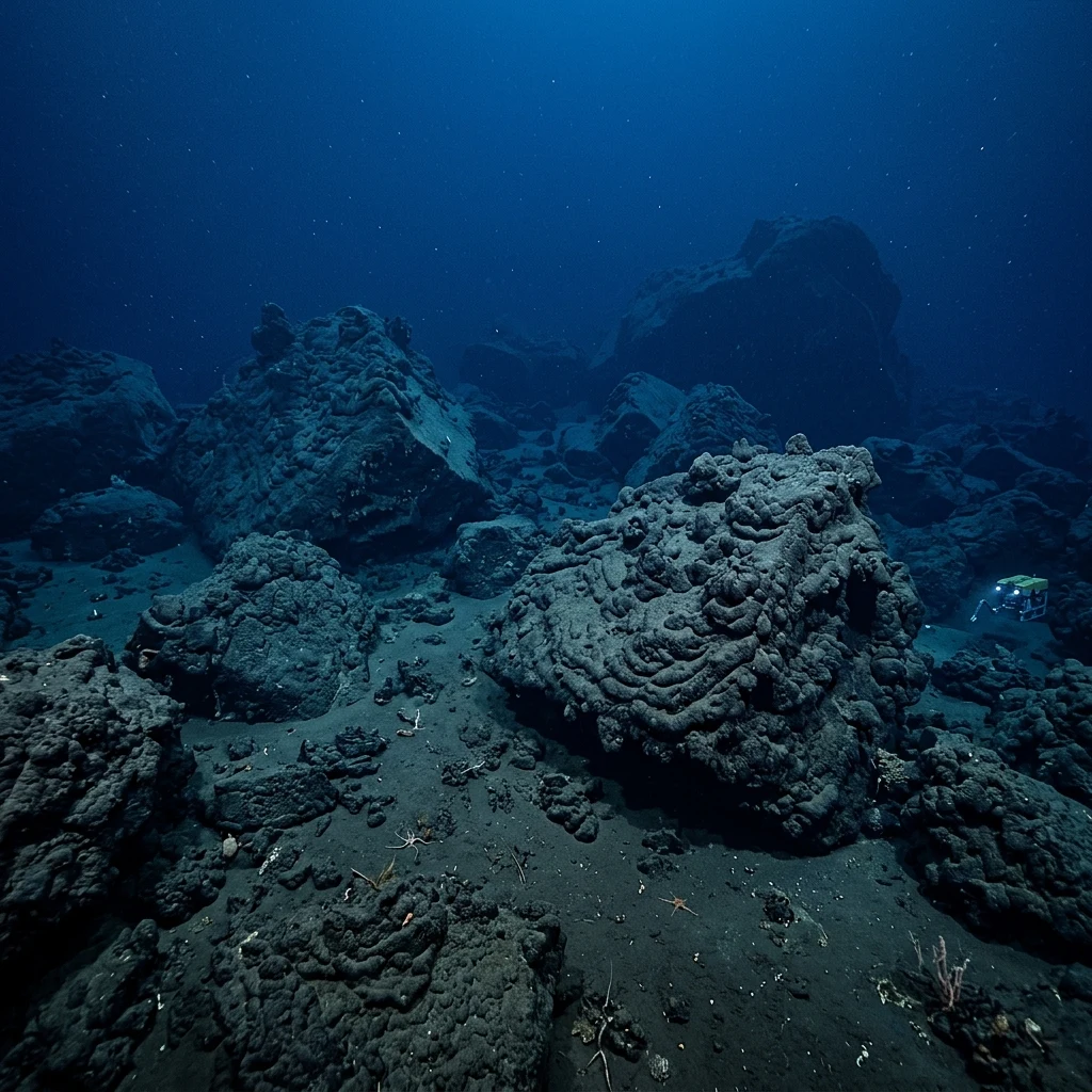 An underwater camera shot of ancient manganese crusts coating the basalt boulders of a…