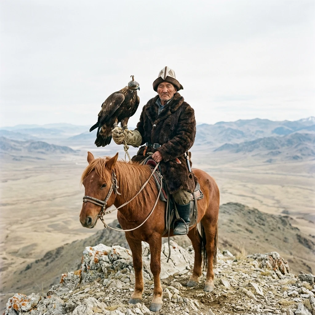Falconer on horseback overlooking a vast valley