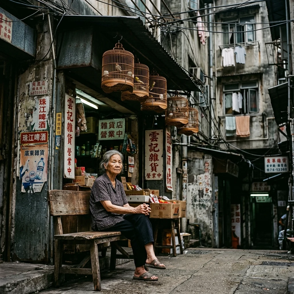 An elderly woman sitting on a low wooden bench outside her ground-floor shop in Kowloon…