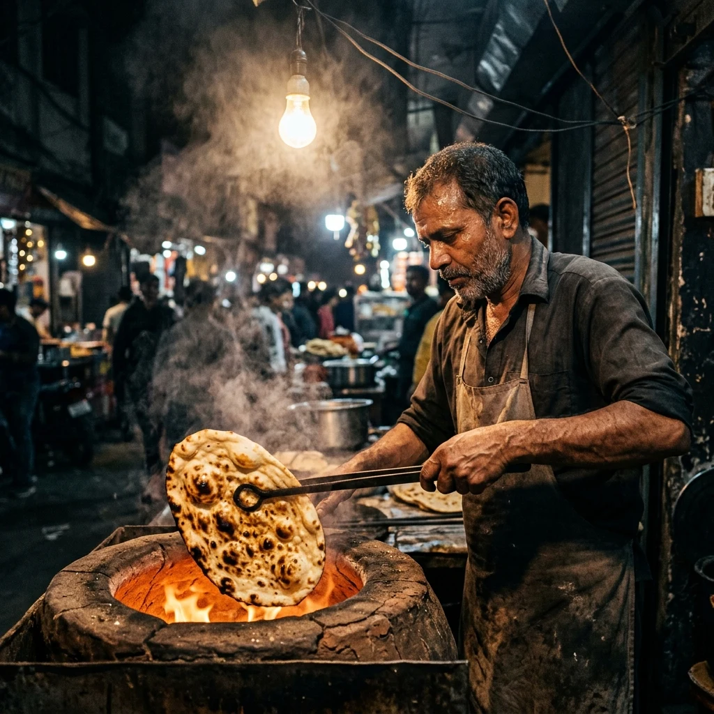 A street-side tandoor chef in Delhi pulling blistered naan bread from a red-hot clay oven…