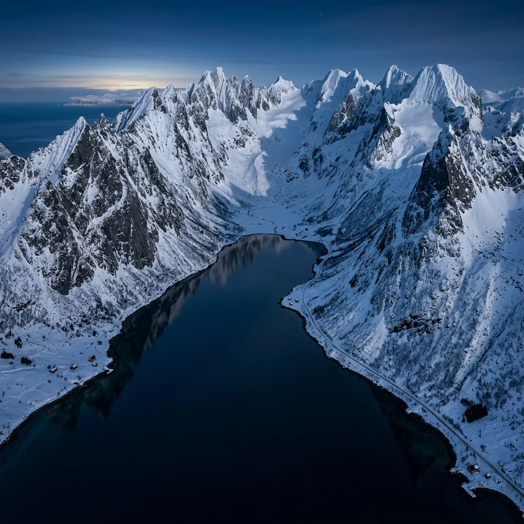An aerial view of the remote Aethelgard Peaks running parallel to a glassy Norwegian…