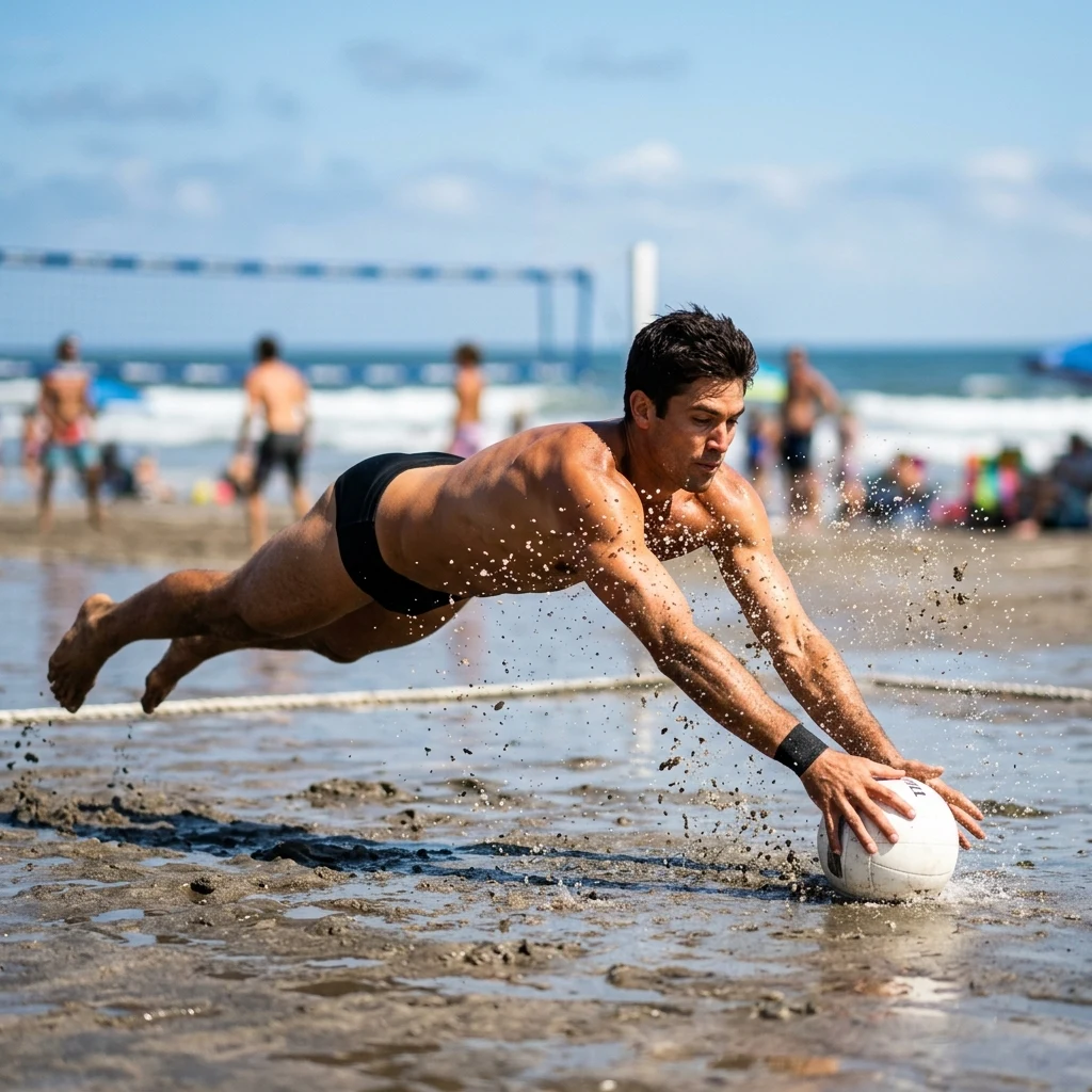 A male player in low-rise black swim trunks diving chest-first onto wet sand to save a…