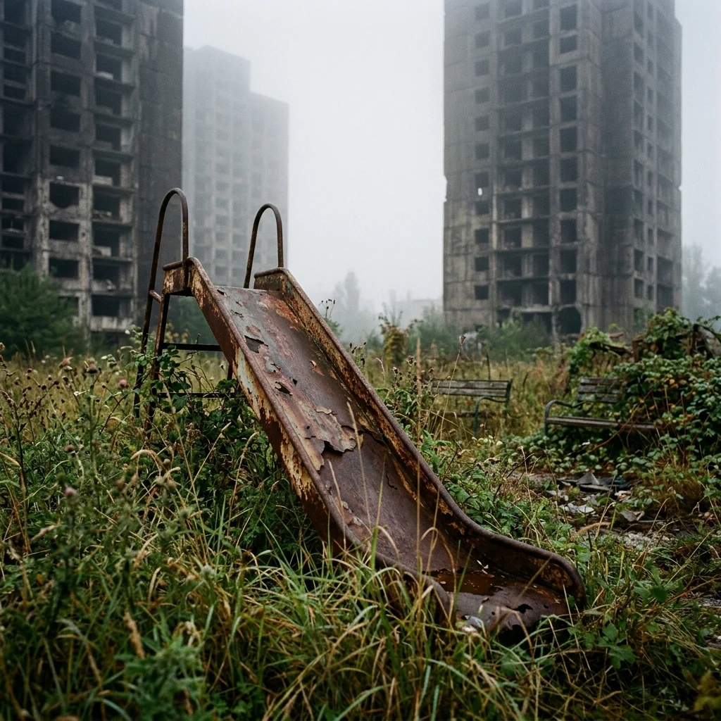 An overgrown city park where rusted playground equipment sits half-buried in wild…