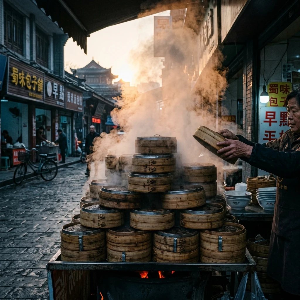 A baozi street stall in Chengdu at 6 a.m.
