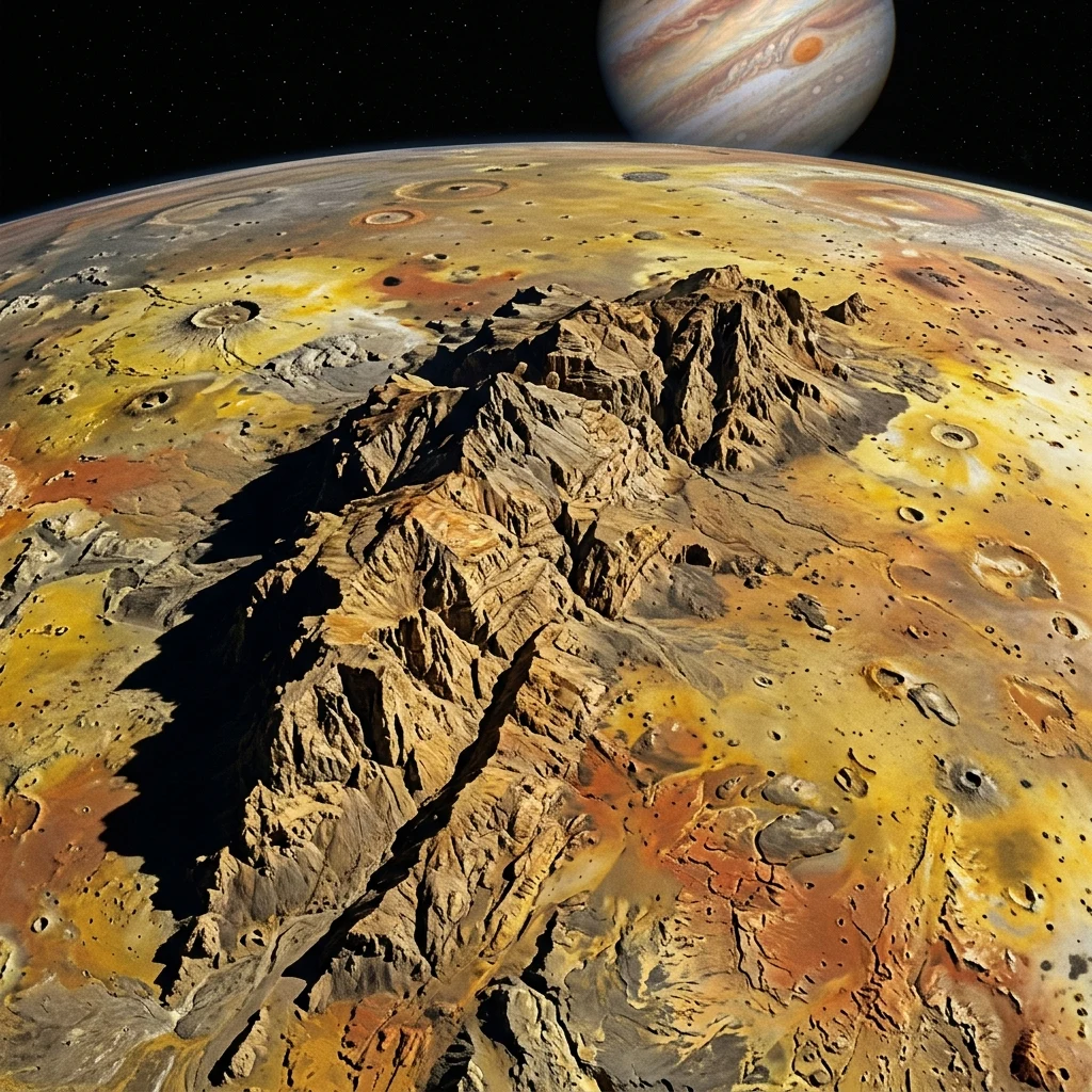 A high-orbit spacecraft image of Boösaule Montes' massive mountain block