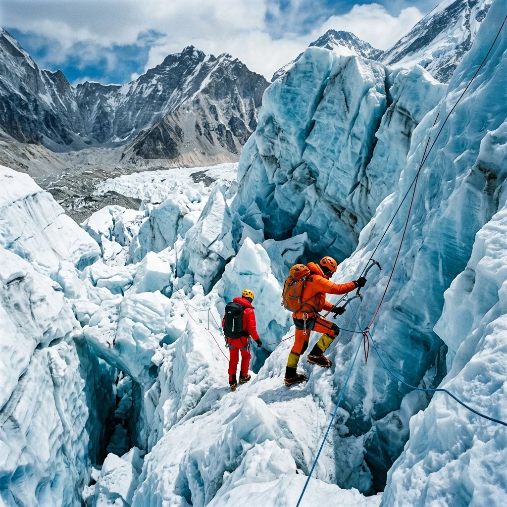 A team of mountaineers negotiating a massive icefall on a Karakoram glacier