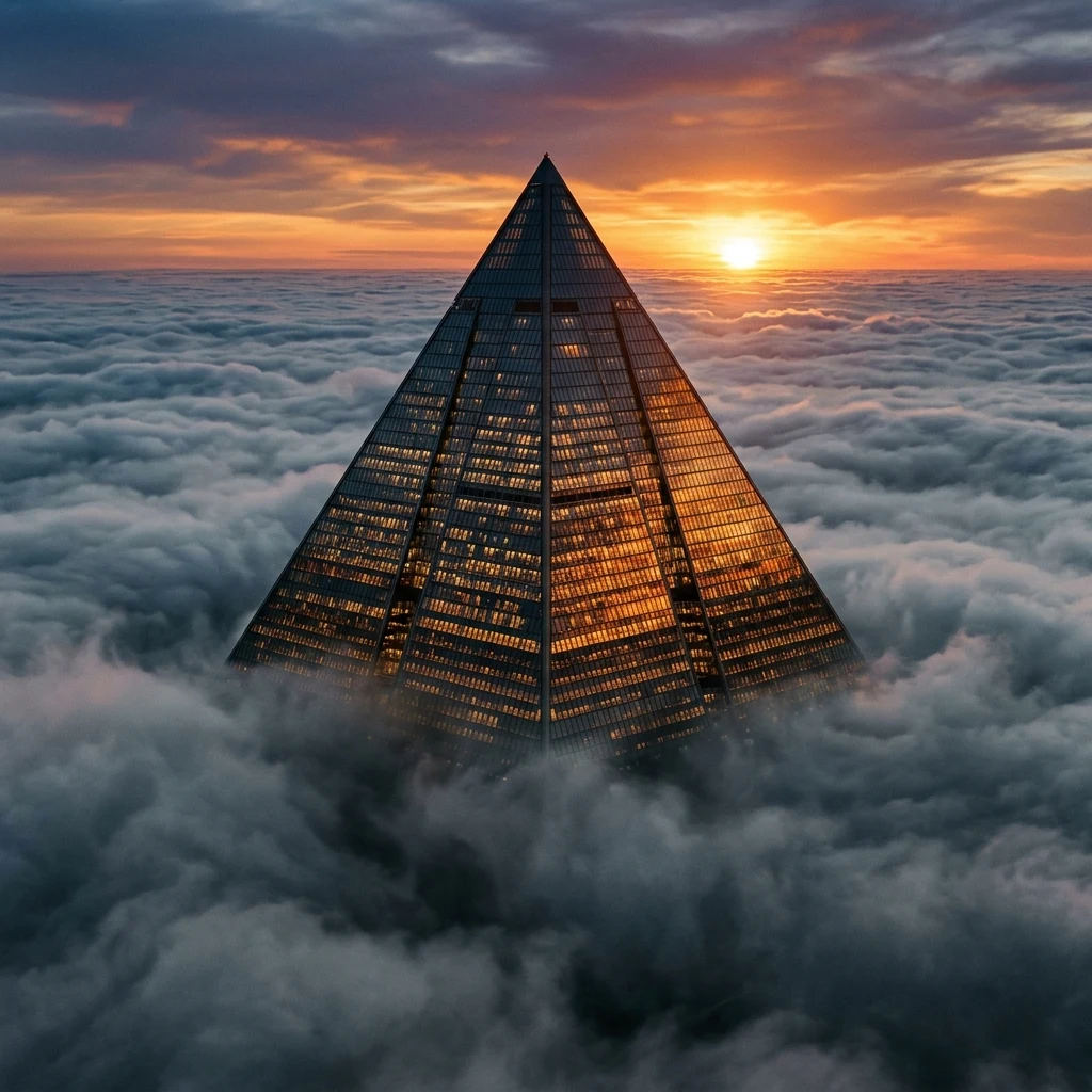 A massive pyramids-shaped corporate headquarters towering over a low-altitude sea of grey…