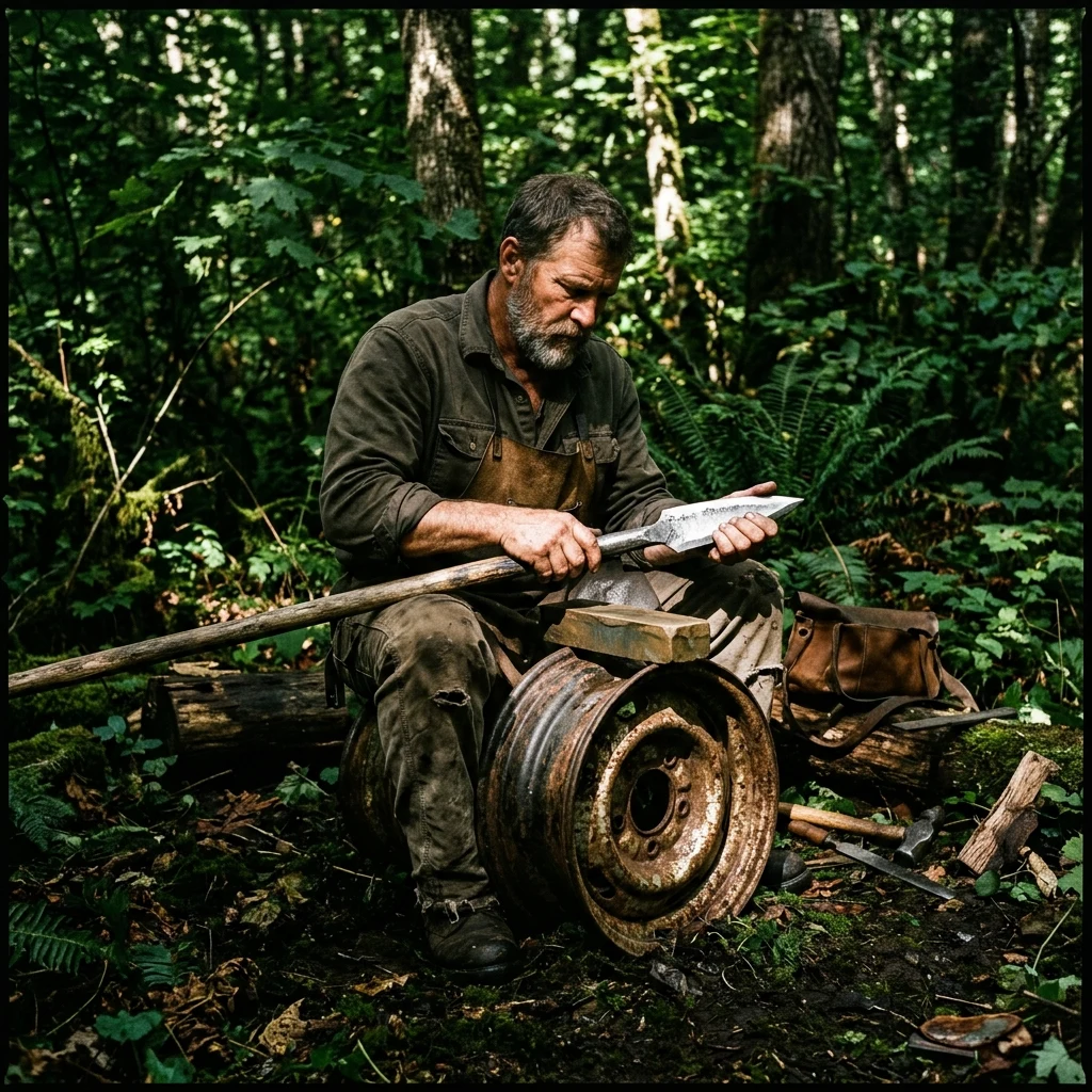 Person sharpening a tool in the forest