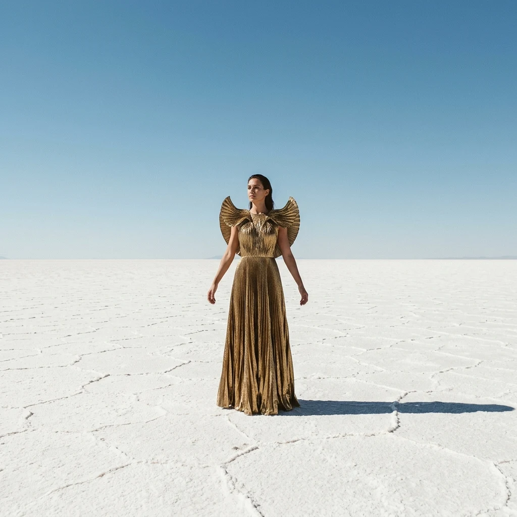 A futuristic metallic gold lame-pleated gown with winged shoulder accents
