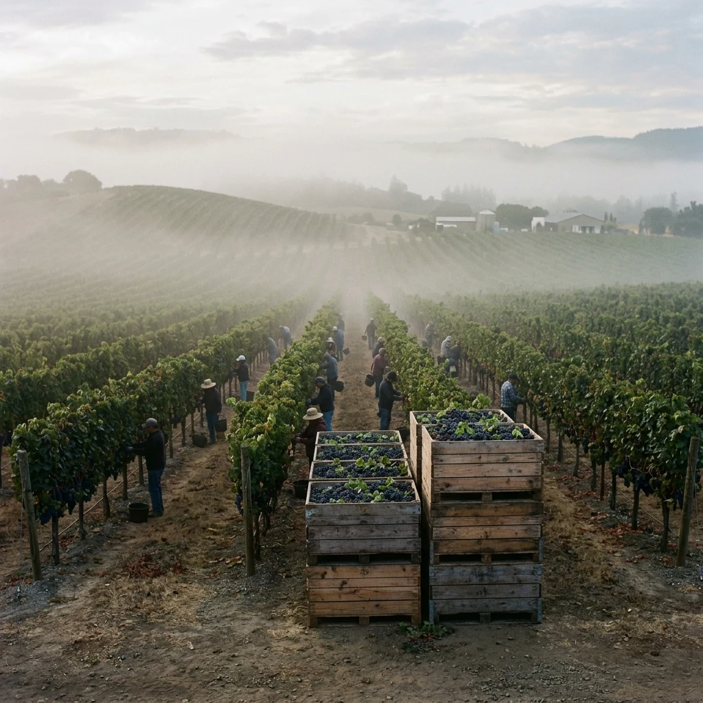 Harvesting grapes in a misty vineyard