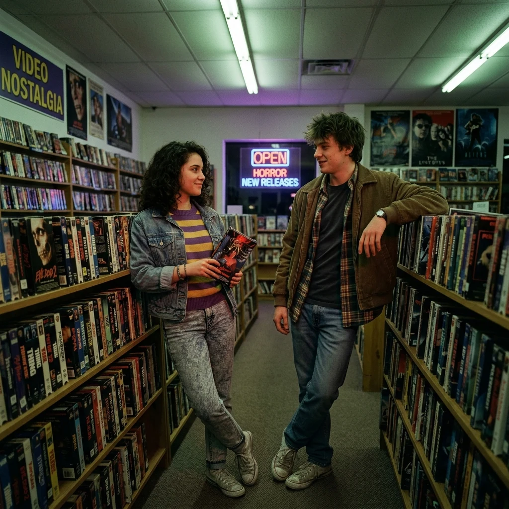 A 1980s video rental store hangout corner