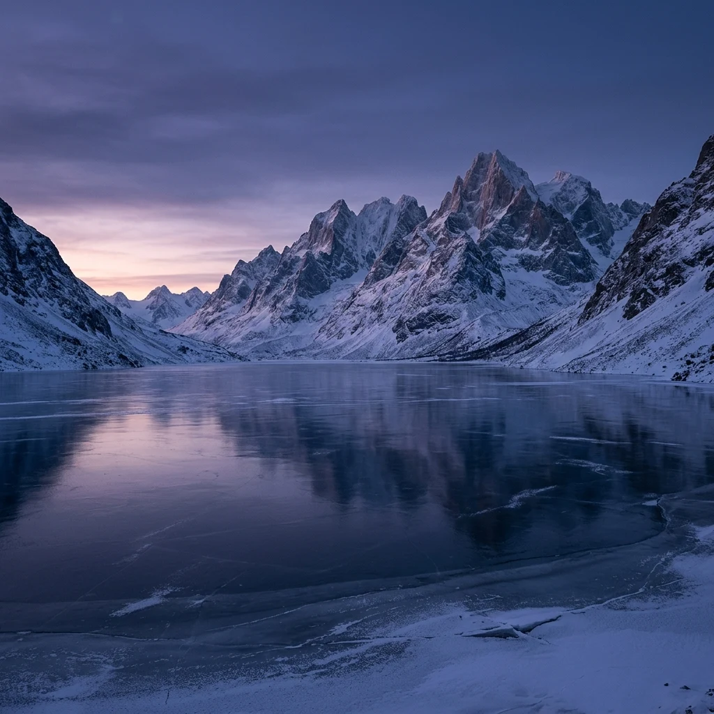 A stark, beautiful blue-hour shot of a frozen alpine lake in the Chersky Range, jagged…