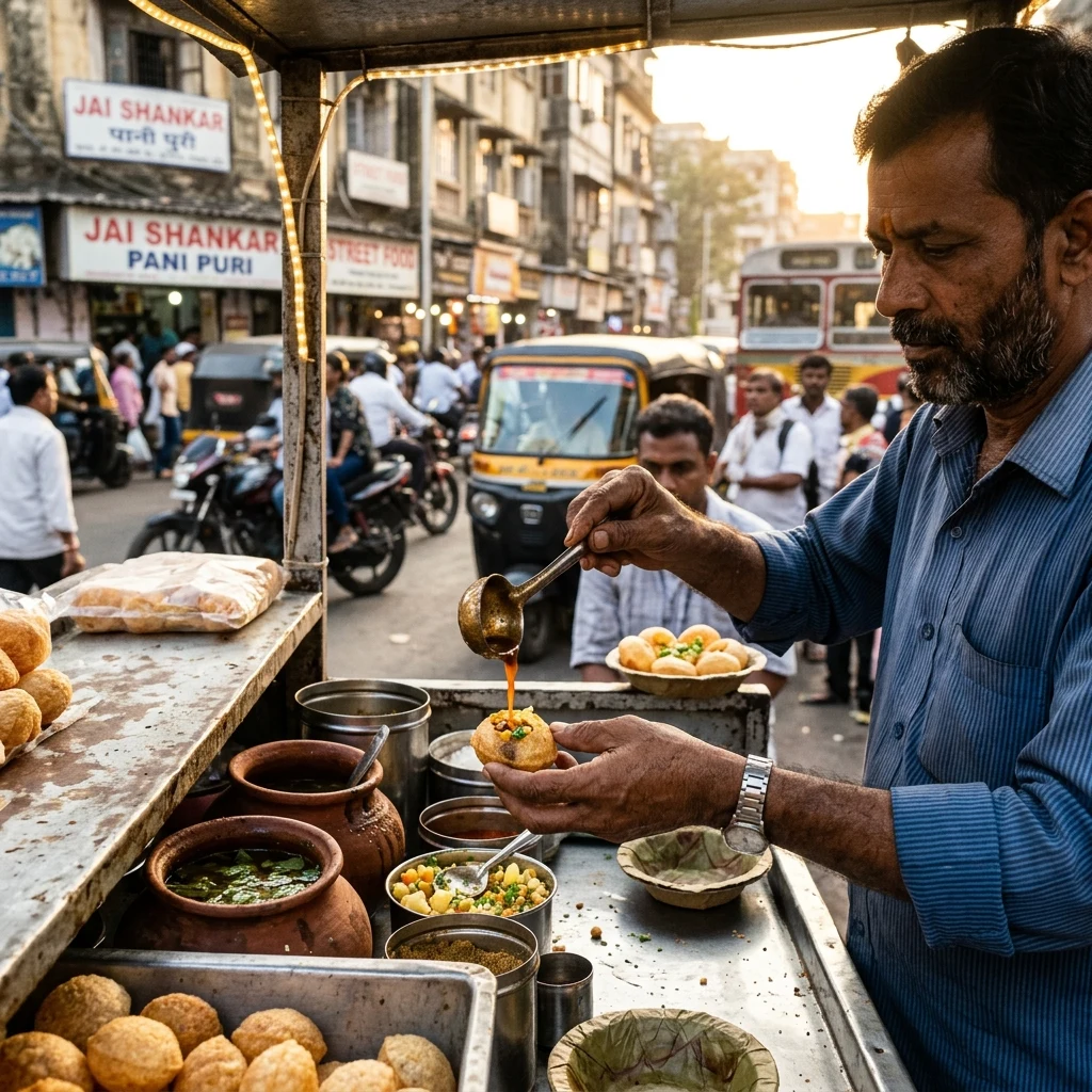 Street food vendor preparing snacks in Mumbai